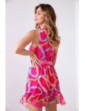 Light patterned dress with a belt, pink and blue 03040 - Online store - Boutique